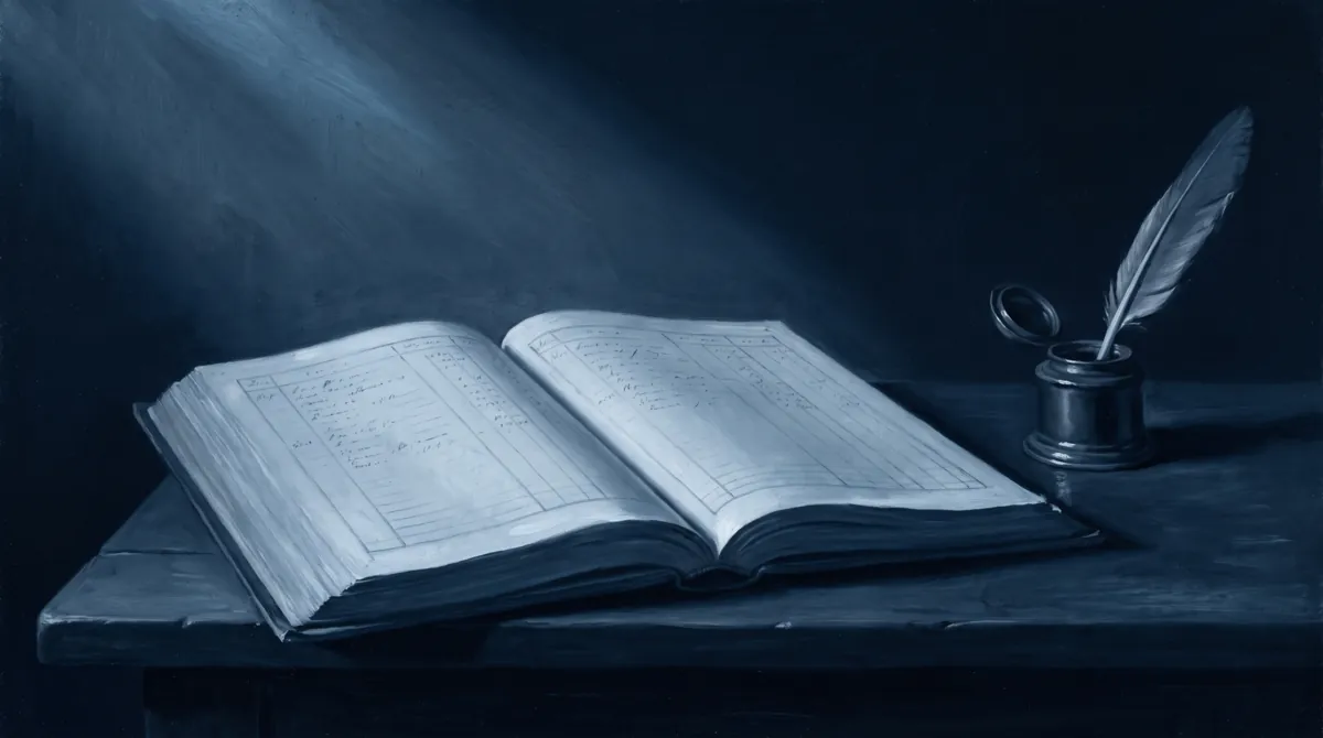 Libro de cuentas abierto con columnas manuscritas y un tintero con pluma sobre una mesa oscura