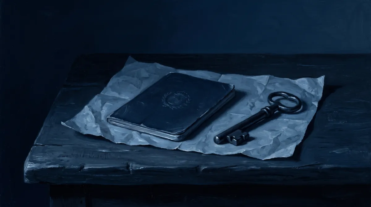 Pasaporte cerrado y una llave antigua de hierro sobre una hoja de papel en una mesa oscura