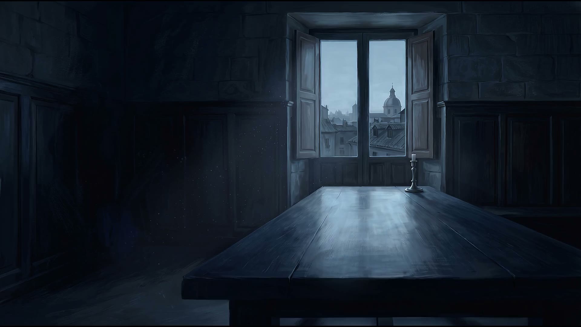 Despacho en penumbra con una mesa larga y una vela; la cámara avanza hacia la ventana abierta y amanece sobre los tejados y la cúpula de Madrid